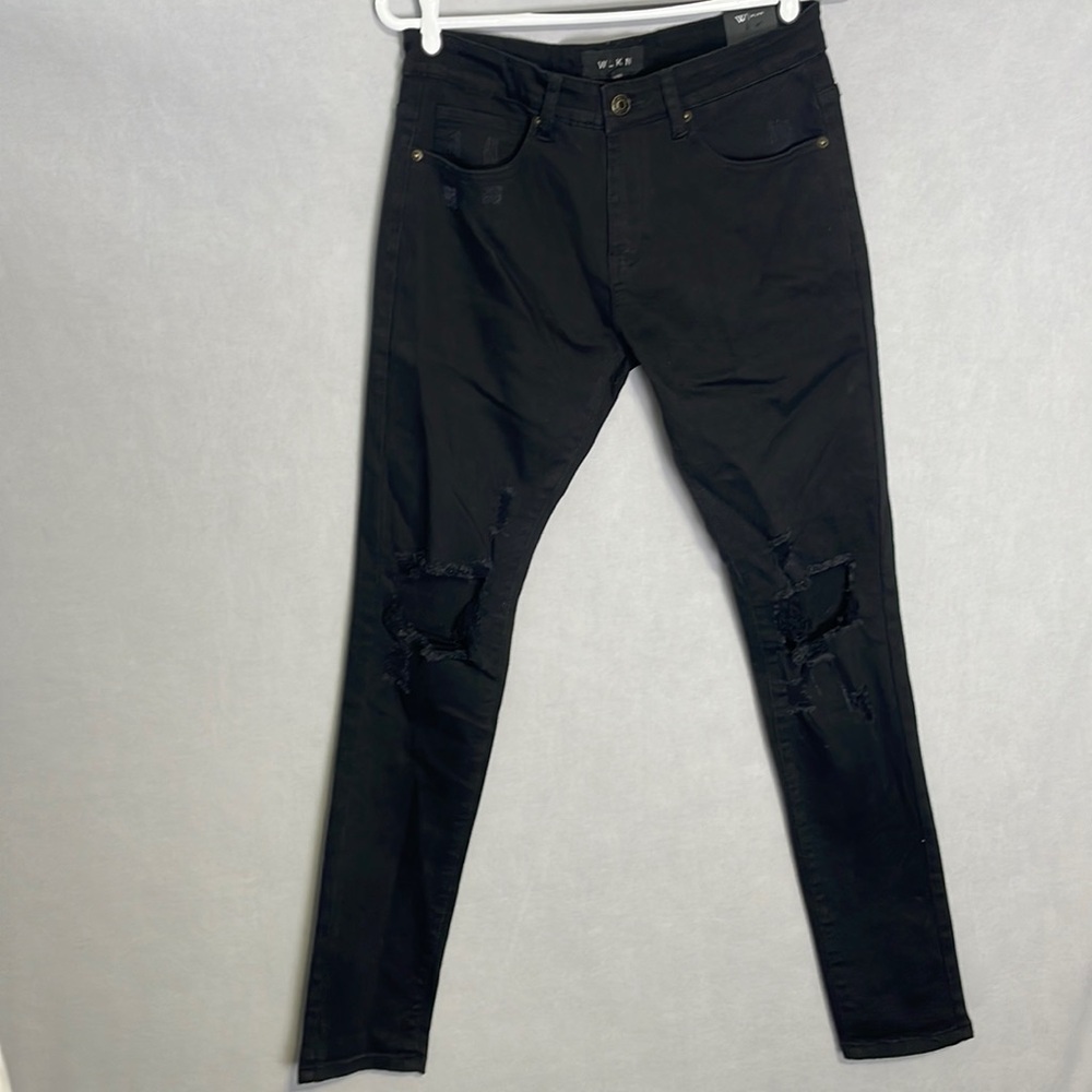 WlKN DISTRESSED BLACK BIKER JEANS